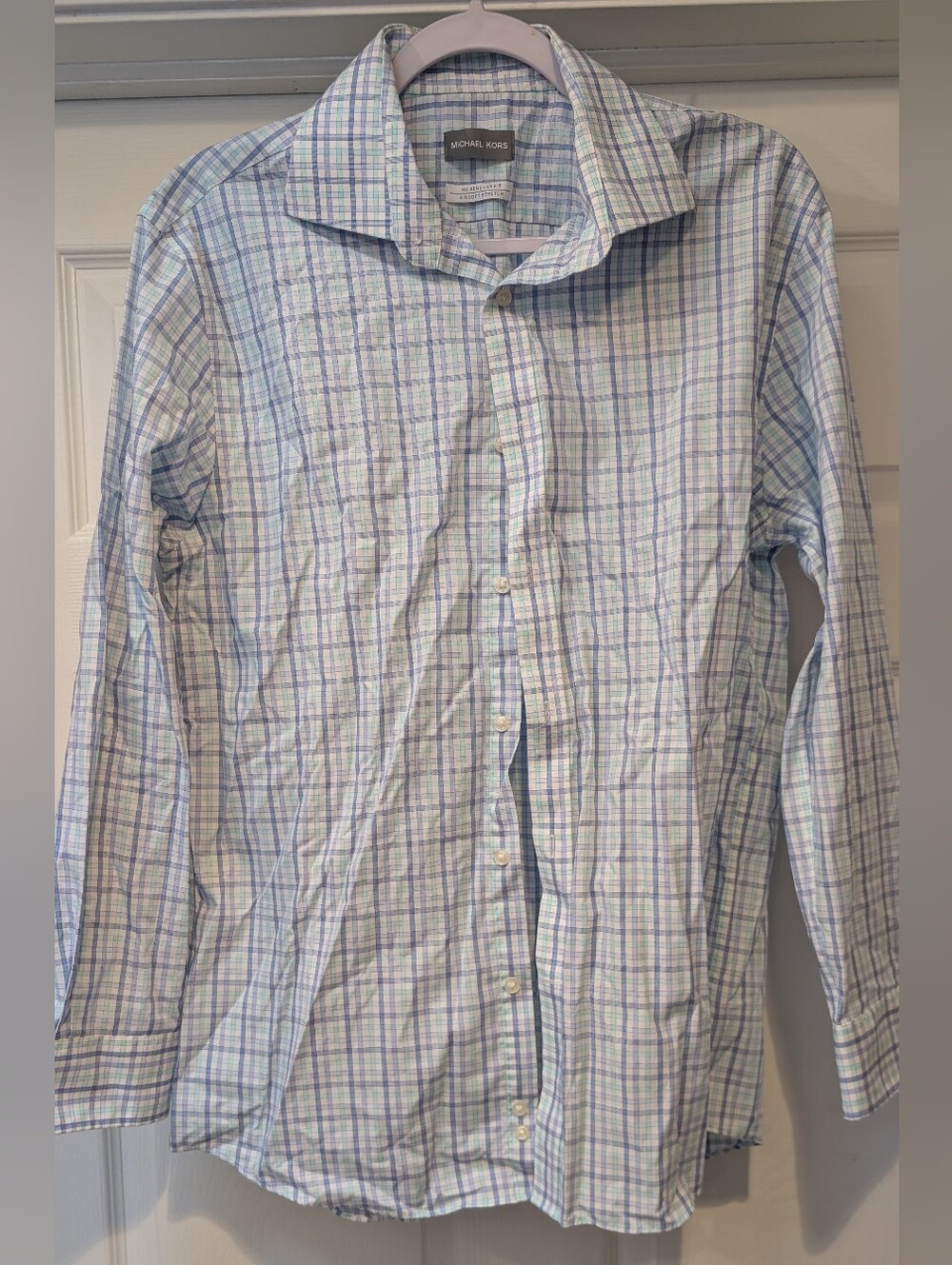 Michael Kors Airsoft Stretch Plaid Dress Shirt Blue Green Regular Fit 16 32/33